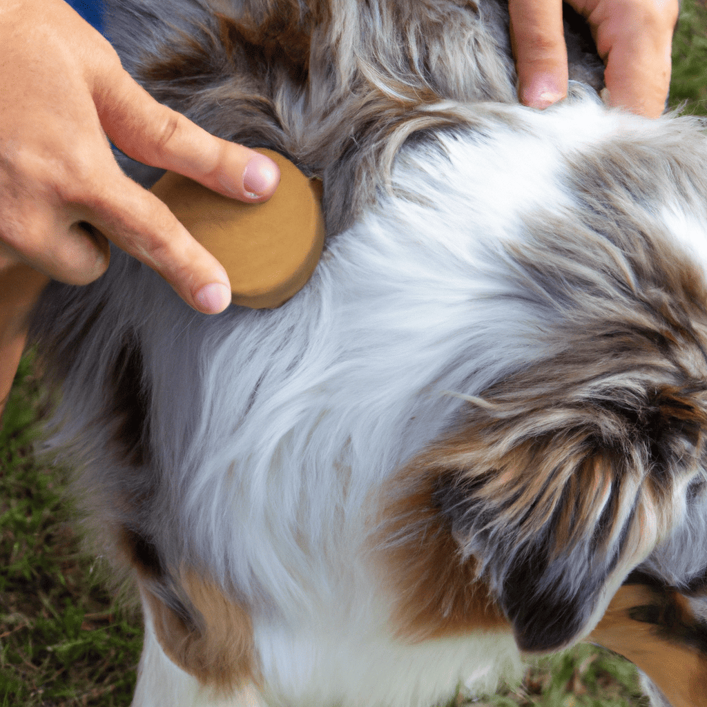 An image of a person gently brushing a fluffy Australian Shepherd with a slicker brush, capturing the technique of brushing in long, gentle strokes to effectively manage shedding