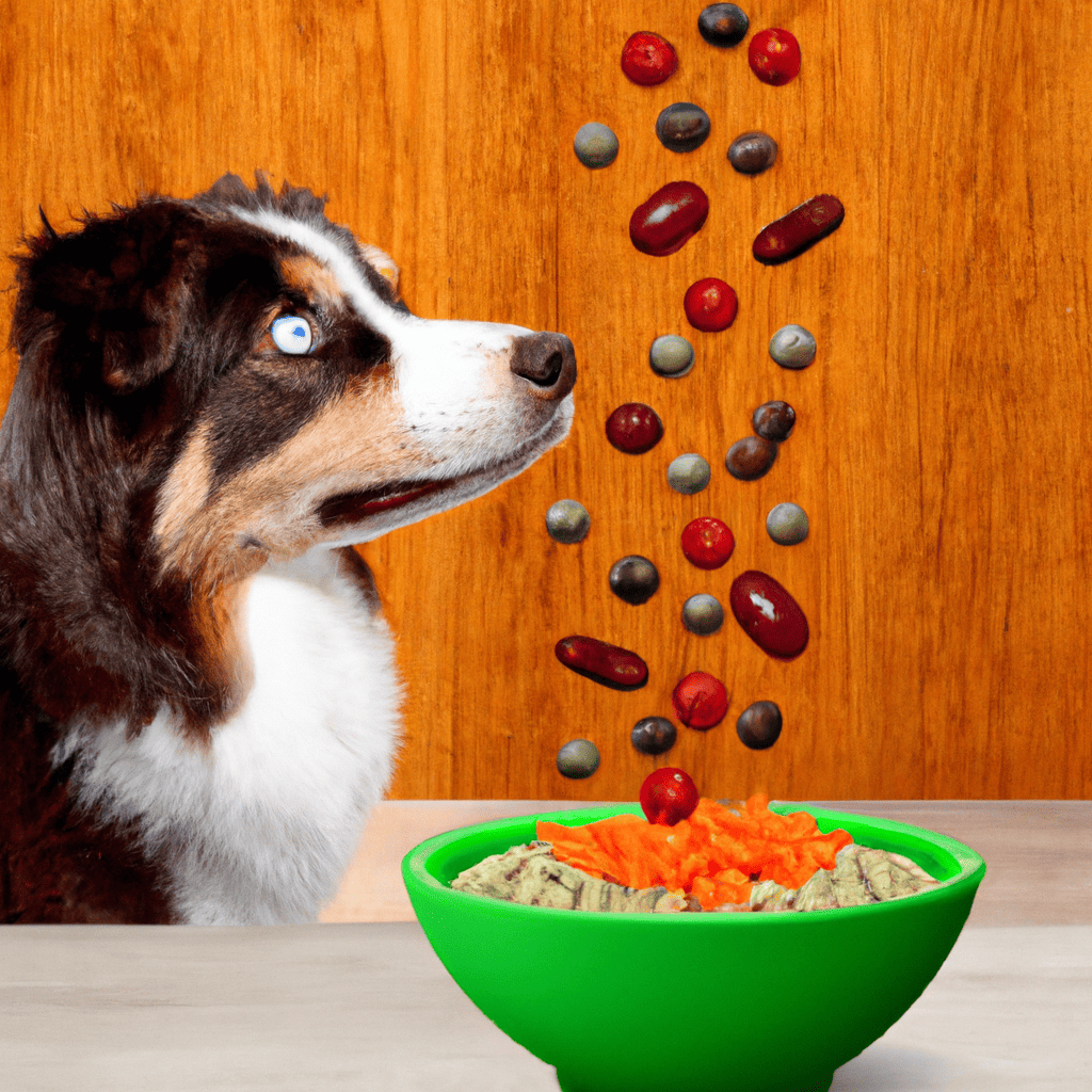 An image of a colorful food bowl filled with high-quality, omega-3 rich kibble, lean protein, and fresh vegetables, with a shiny Australian Shepherd eagerly looking at the bowl