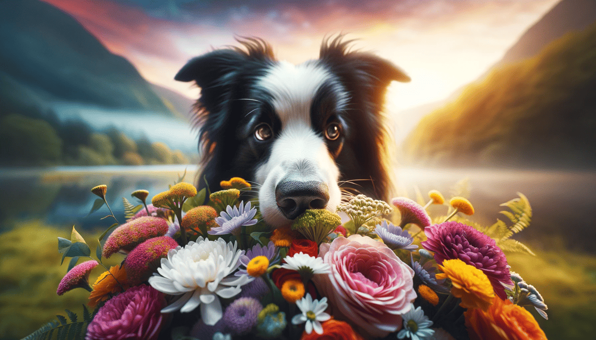 Border Collie sniffing a bouquet of flowers