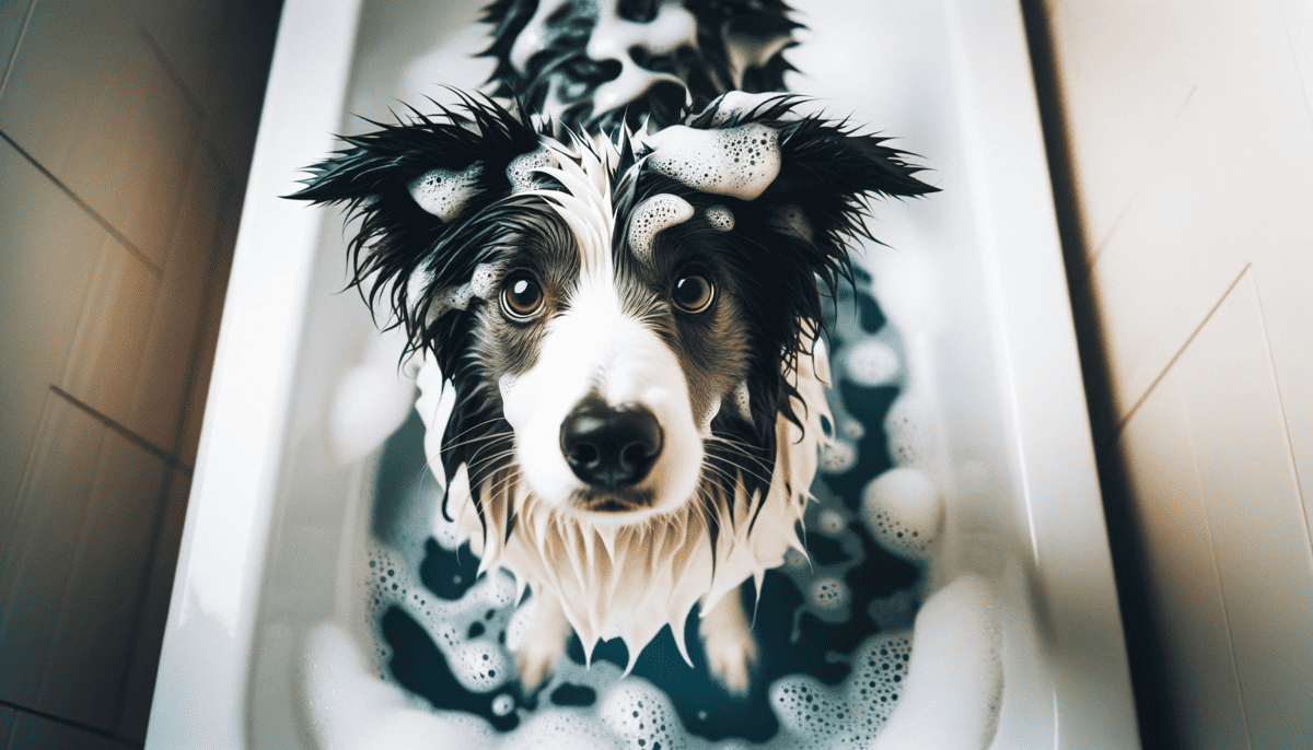 Border Collie standing in a bathtub