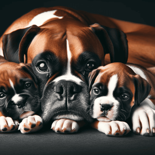 Boxer puppies cuddled up with their mother