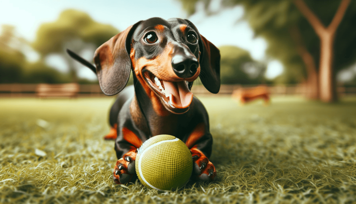 Dachshund in a park with a ball