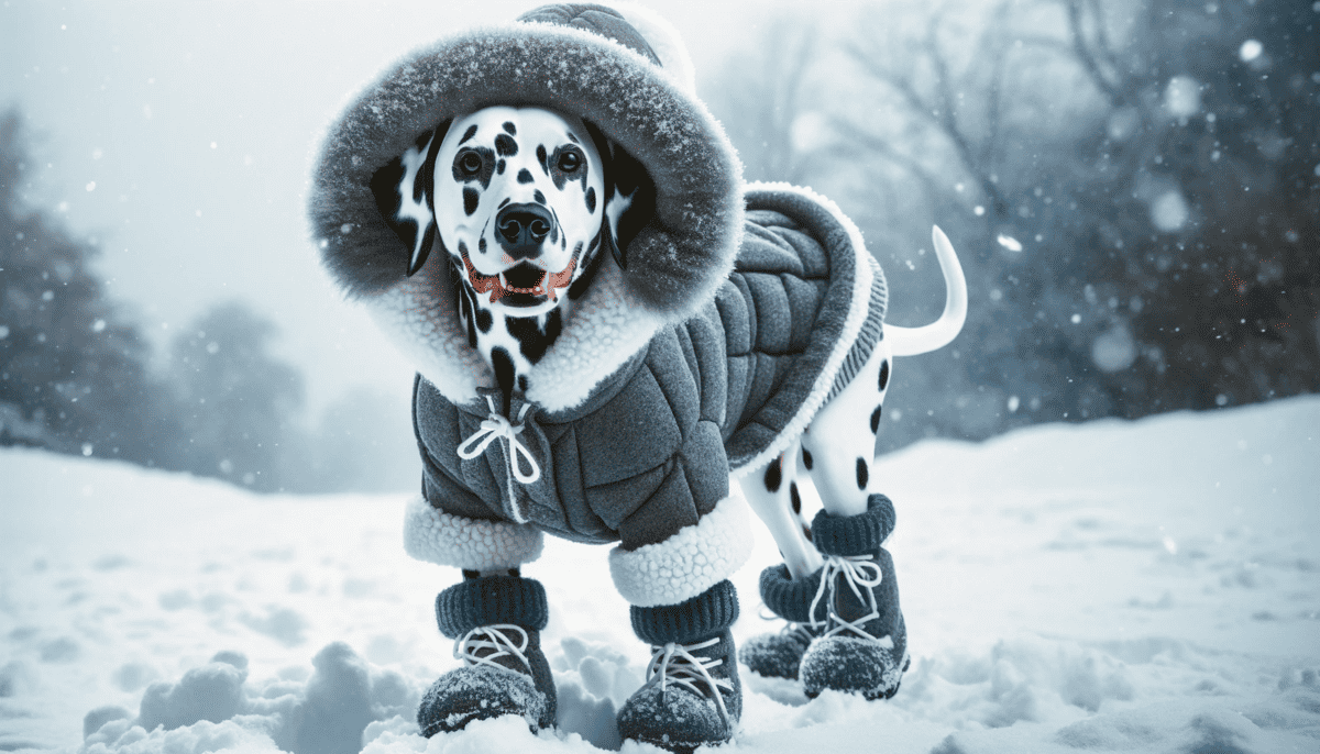 Dalmatian wearing a cozy winter coat and booties