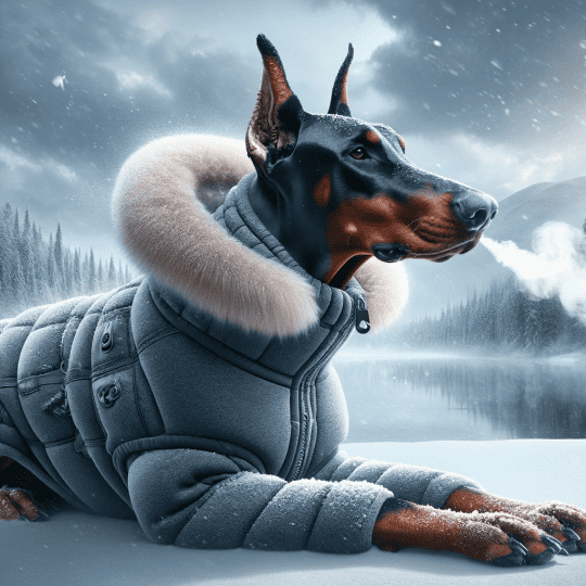 Doberman in an insulated winter coat