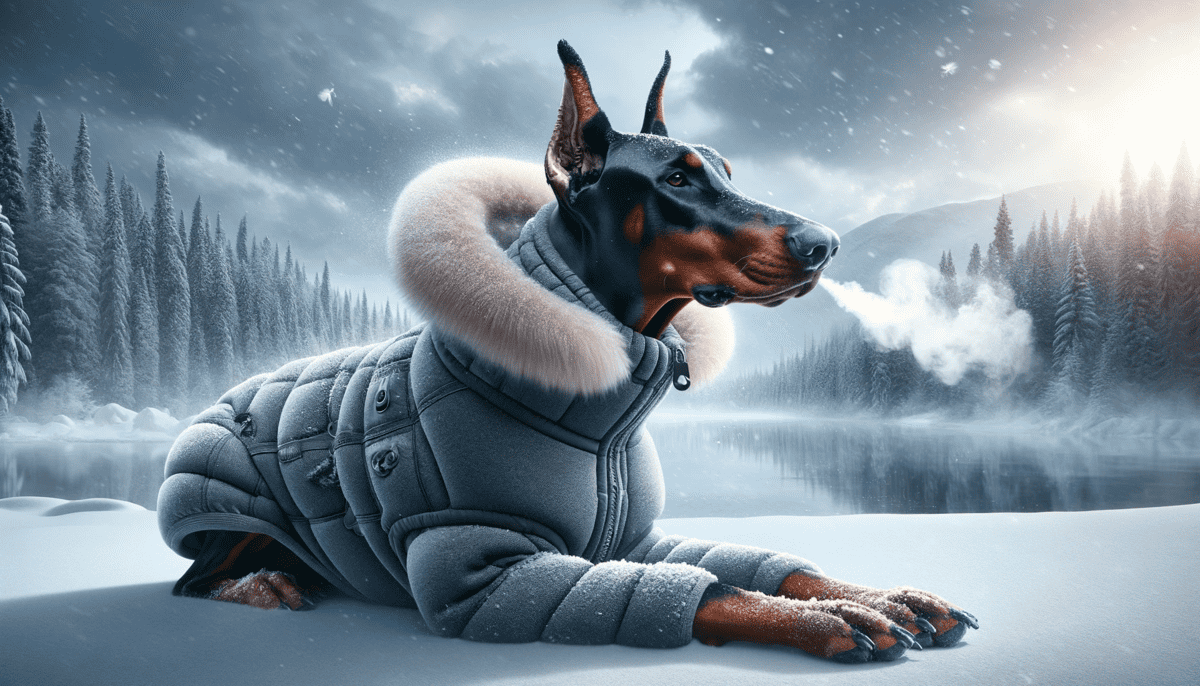 Doberman in an insulated winter coat