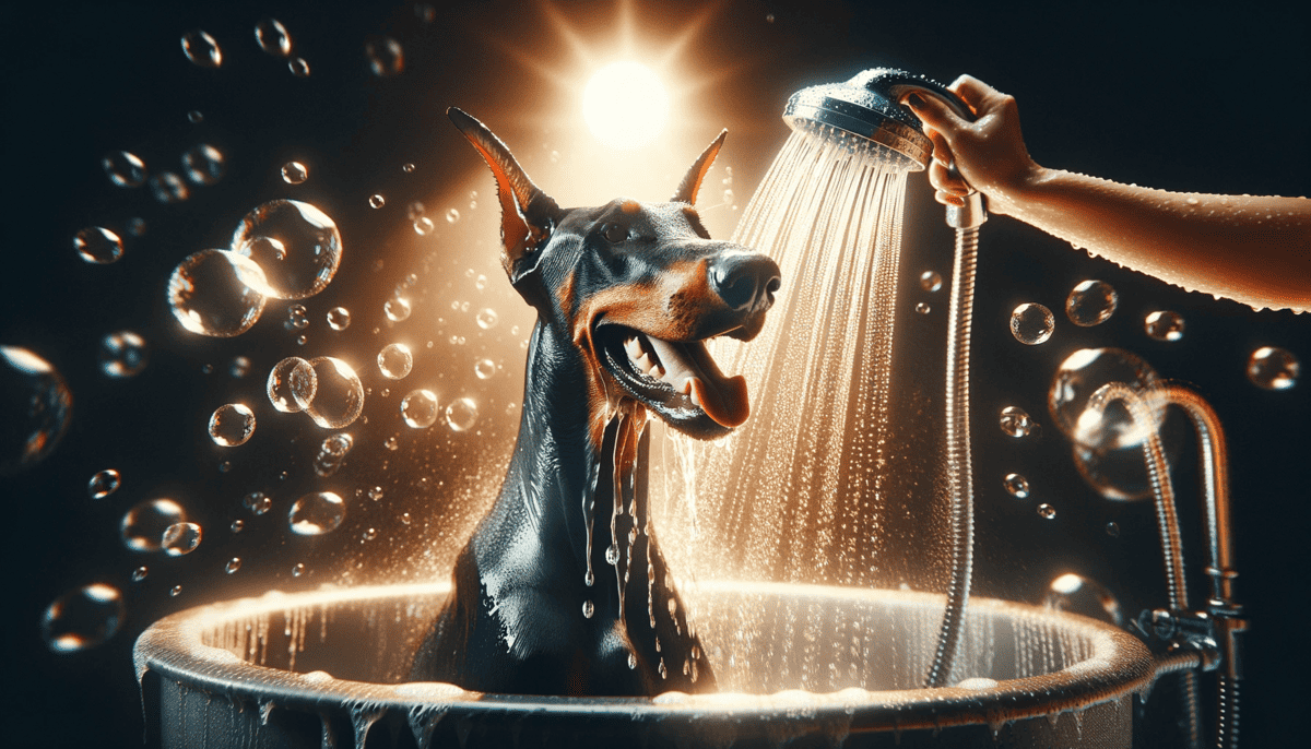Doberman under a warm shower