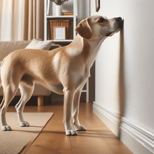 Dog sniffing the wall