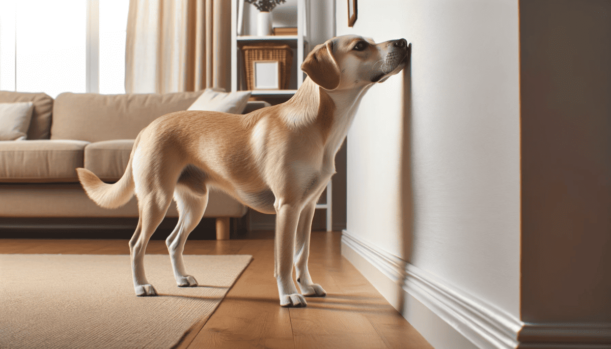 Dog sniffing the wall