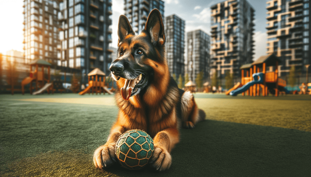 German Shepherd dog playing in the dog park with a ball
