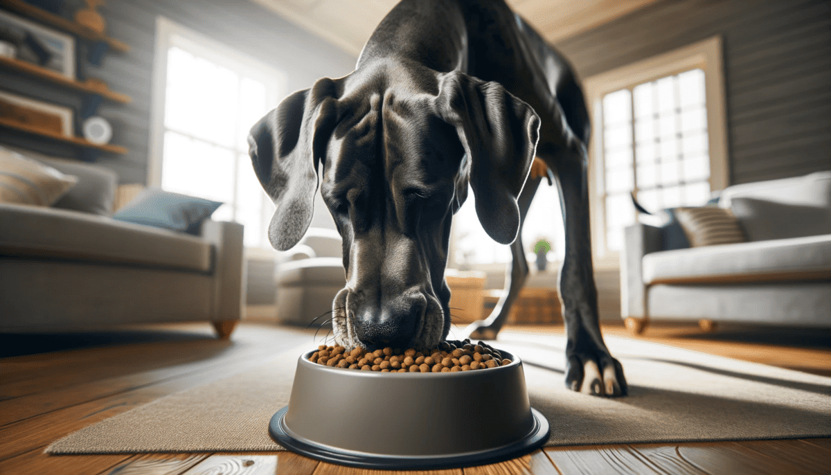 Great Dane eating food from his food bowl