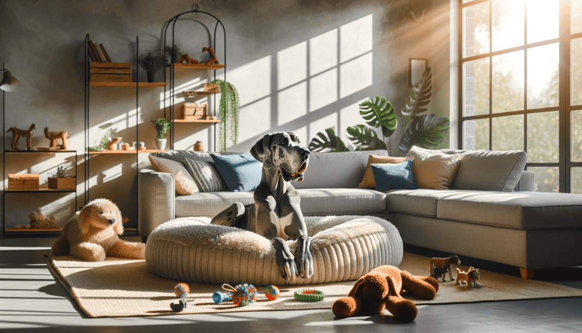 Great Dane on a dog bed with toys around him