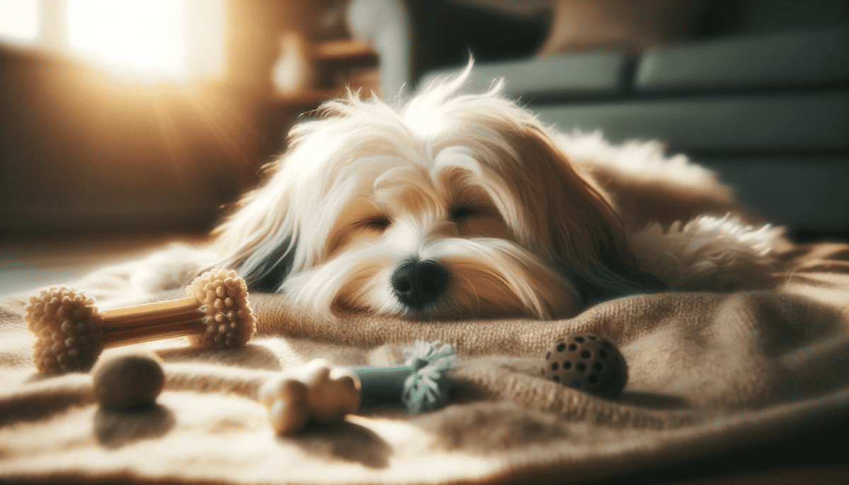 Havanese dog lying peacefully on a soft blanket