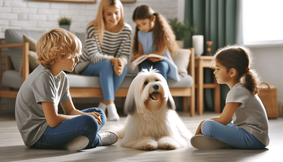 Havanese dog peacefully mingling with children
