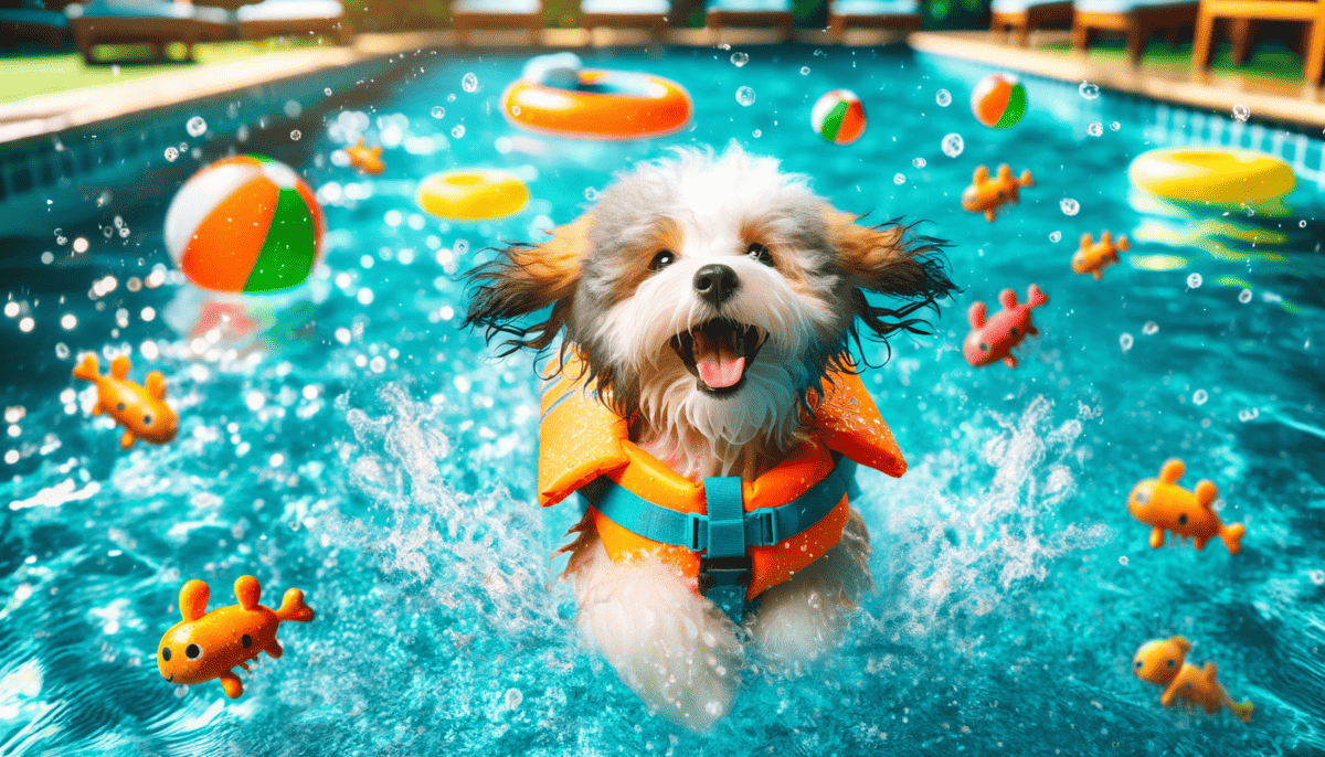 Havanese dog wearing a life jacket