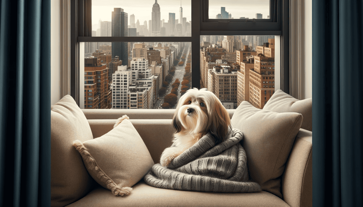 Havanese nestled comfortably on a plush apartment sofa