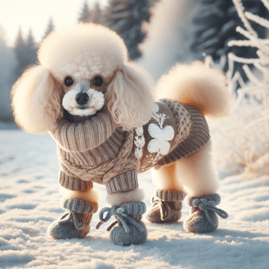 Poodle wearing cozy sweater and booties
