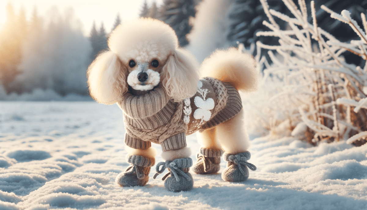 Poodle wearing cozy sweater and booties