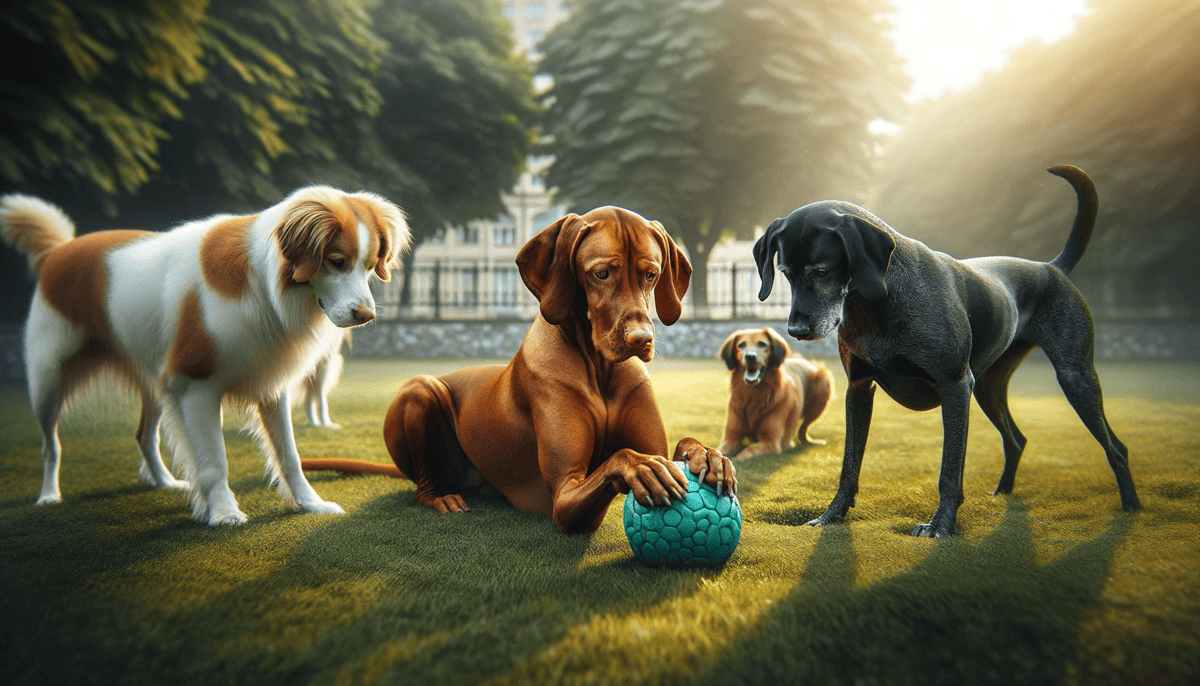 Vizsla dog playing gently with a ball with two other different breed dogs in the park