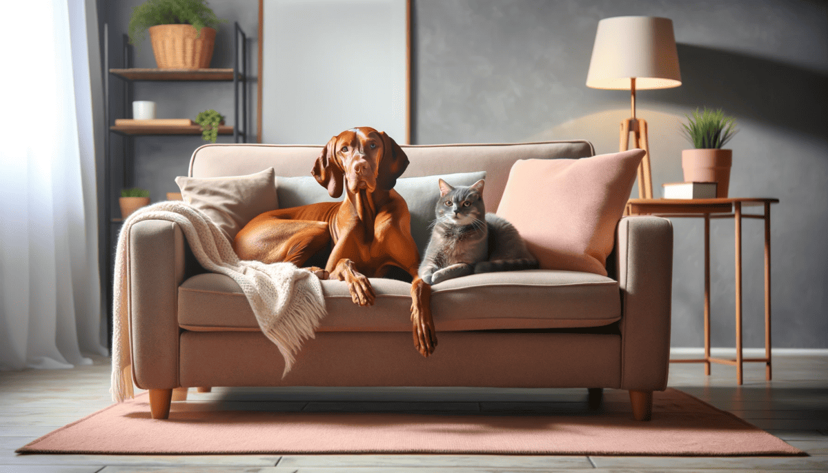a Vizsla and a cat comfortably sharing a cozy sofa