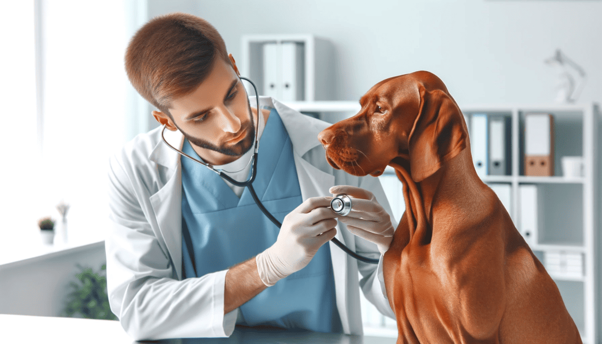 a vet examining a Vizsla