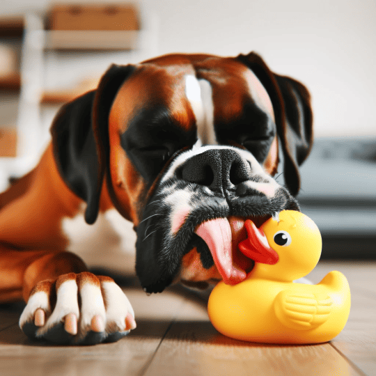boxer dog licking on a rubber duck