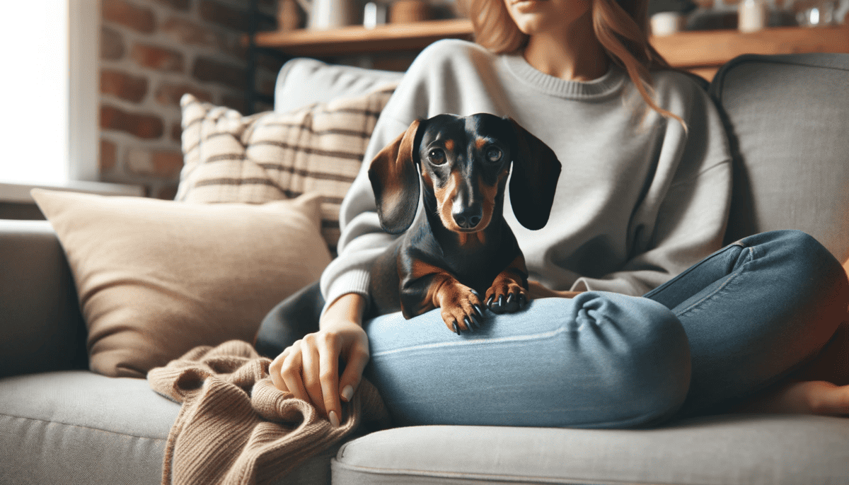 dachshund sitting on a couch with the owner