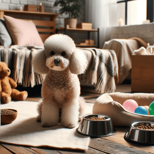 poodle sitting alone in a cozy living room
