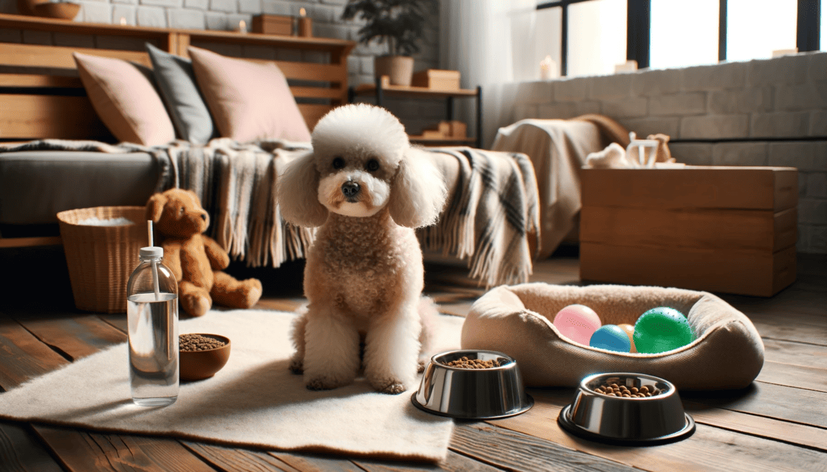 poodle sitting alone in a cozy living room