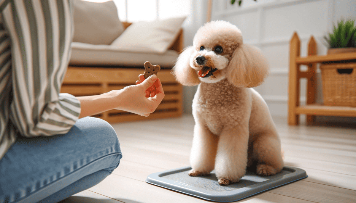 poodle sitting on a potty training pad