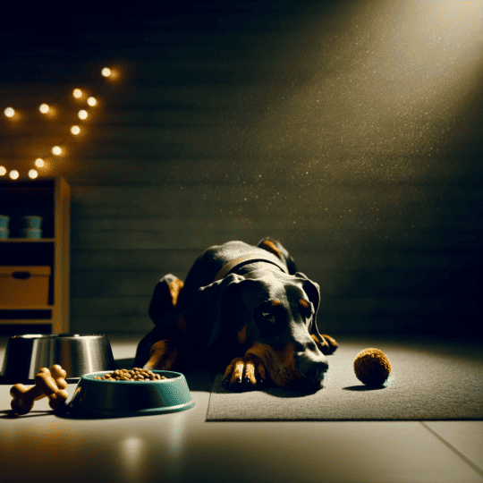 Doberman dog lying down alone in a dimly lit room