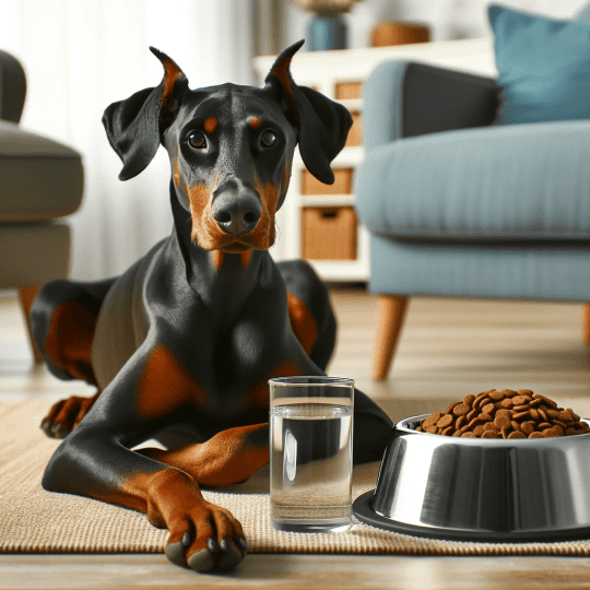 Doberman sitting next to a food bowl and a water bowl