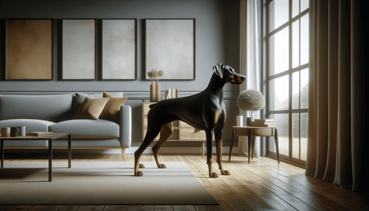 Doberman standing by the living room window