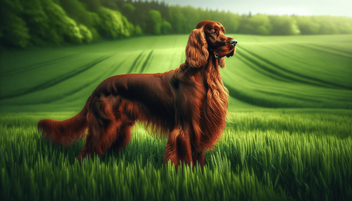 Irish Setter standing proudly in a lush green field