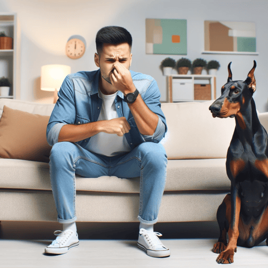 a concerned owner holding their nose while a Doberman sits next to him